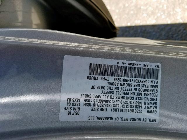 5FPYK3F71HB010298 - 2017 HONDA RIDGELINE SILVER photo 10