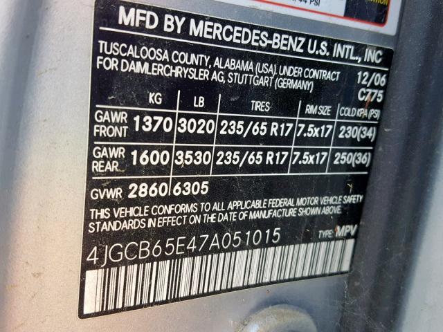 4JGCB65E47A051015 - 2007 MERCEDES-BENZ R 350 SILVER photo 10