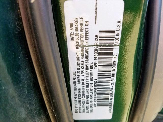 4S3BH6358Y6313625 - 2000 SUBARU LEGACY L GREEN photo 10