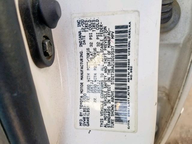 5TDZT38A21S013537 - 2001 TOYOTA SEQUOIA LI WHITE photo 10