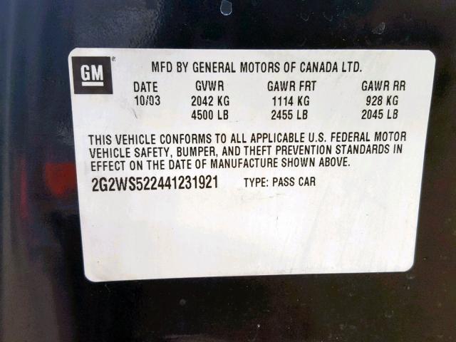 2G2WS522441231921 - 2004 PONTIAC GRAND PRIX BLACK photo 10