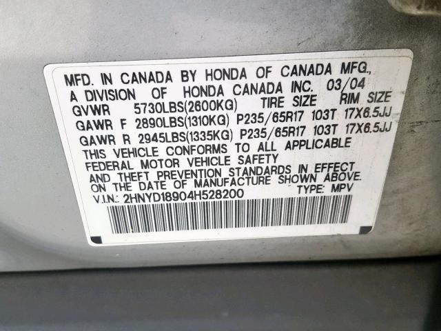 2HNYD18904H528200 - 2004 ACURA MDX TOURIN SILVER photo 10