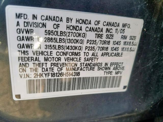 2HKYF18126H514318 - 2006 HONDA PILOT LX GRAY photo 10