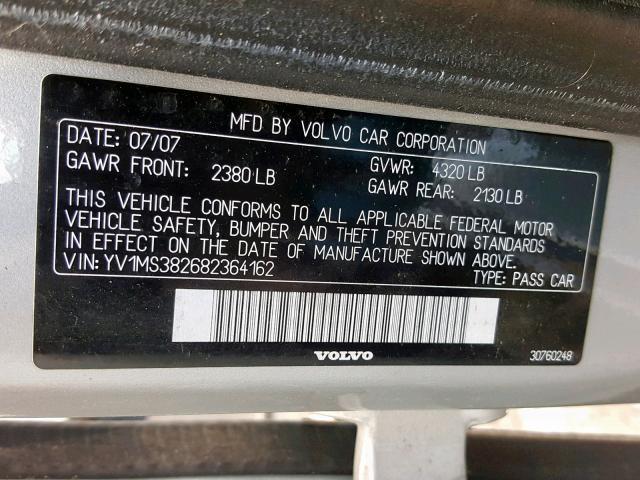 YV1MS382682364162 - 2008 VOLVO S40 2.4I SILVER photo 10