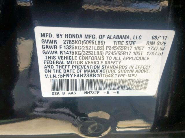 5FNYF4H23BB101648 - 2011 HONDA PILOT LX BLUE photo 10