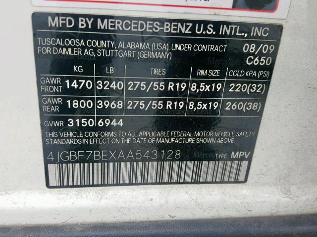 4JGBF7BEXAA543128 - 2010 MERCEDES-BENZ GL 450 4MA WHITE photo 10