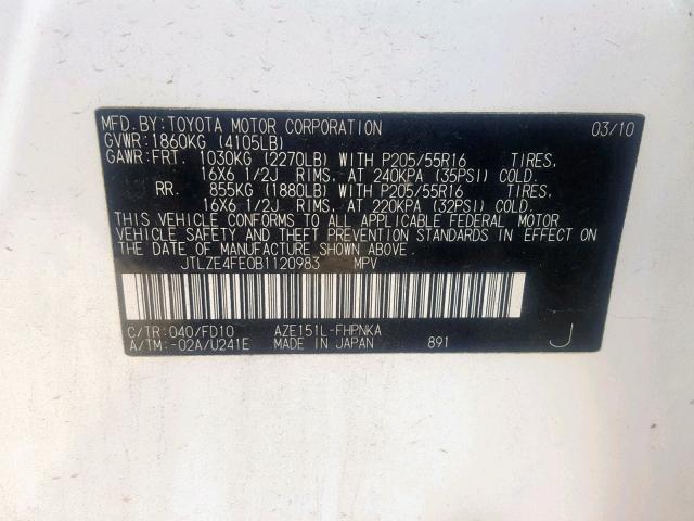 JTLZE4FE0B1120983 - 2011 TOYOTA SCION XB 白色 照片 10