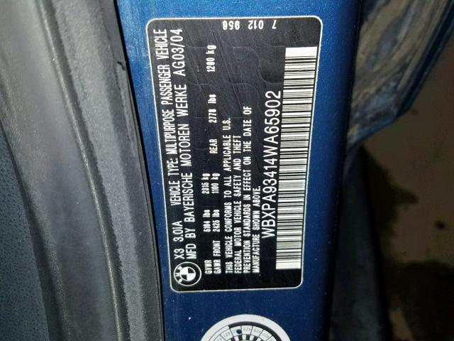 WBXPA93414WA65902 - 2004 BMW X3 3.0I BLUE photo 10