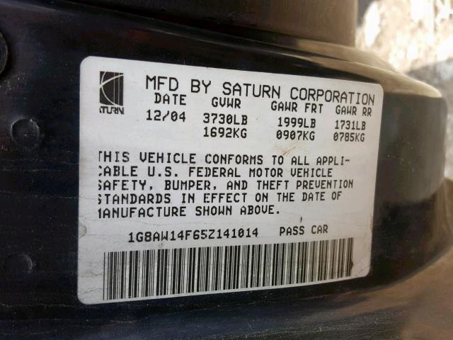 1G8AW14F65Z141014 - 2005 SATURN ION LEVEL BLACK photo 10