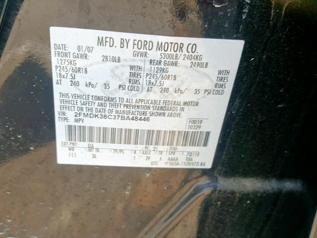 2FMDK38C37BA48446 - 2007 FORD EDGE SEL BLACK photo 10