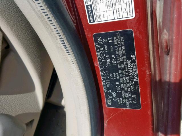 KNAFE121455143886 - 2005 KIA NEW SPECTR RED photo 10