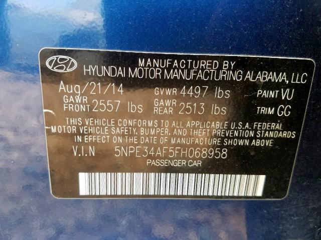 5NPE34AF5FH068958 - 2015 HYUNDAI SONATA SPO BLUE photo 10