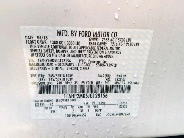 1FAHP2MK5JG128156 - 2018 FORD TAURUS POL WHITE photo 10