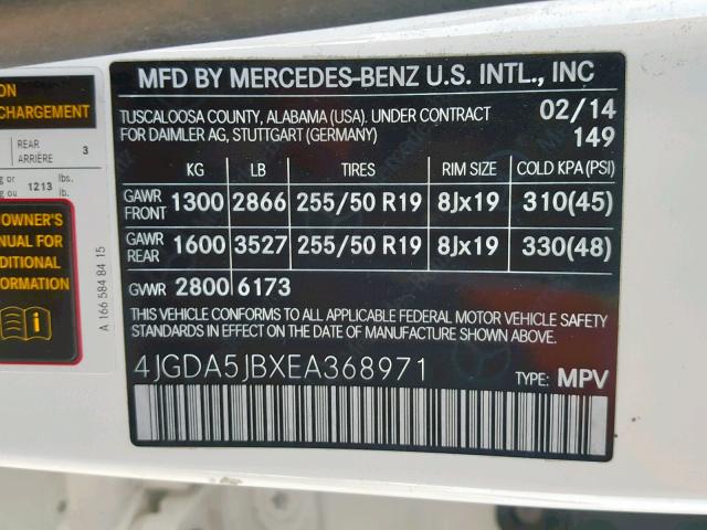 4JGDA5JBXEA368971 - 2014 MERCEDES-BENZ ML 350 WHITE photo 10