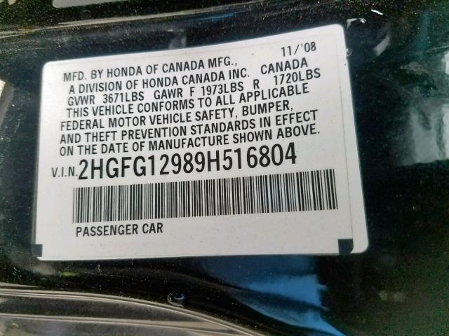 2HGFG12989H516804 - 2009 HONDA CIVIC EXL BLACK photo 10