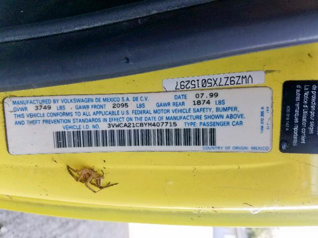 3VWCA21C8YM407715 - 2000 VOLKSWAGEN NEW BEETLE ყვითელი ფოტო 10