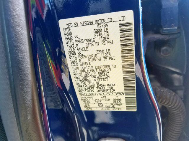 5N1ED28T74C653350 - 2004 NISSAN XTERRA XE BLUE photo 10