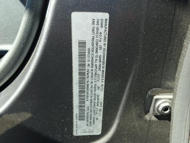 3VW2K7AJ8BM381824 - 2011 VOLKSWAGEN JETTA BASE Մոխրագույն լուսանկար 10