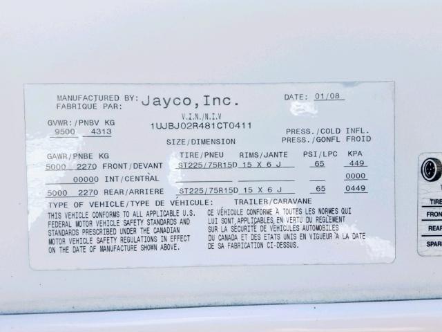 1UJBJ02R481CT0411 - 2008 JAYCO EAGLE  WHITE photo 10