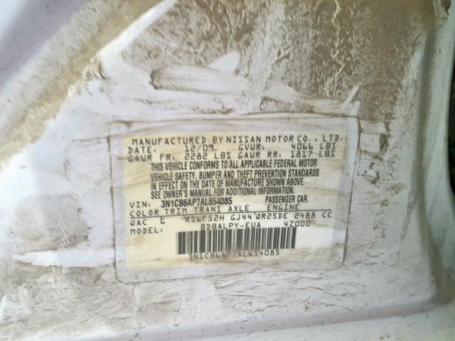 3N1CB6AP7AL654085 - 2010 NISSAN SENTRA SE- WHITE photo 10