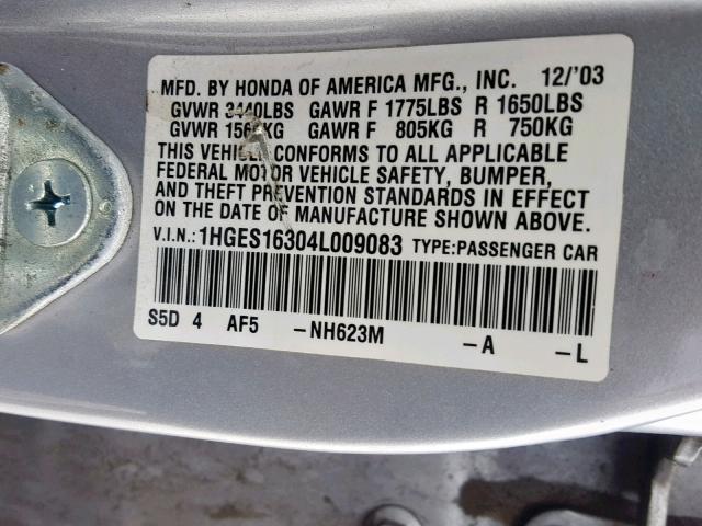 1HGES16304L009083 - 2004 HONDA CIVIC DX V SILVER photo 10