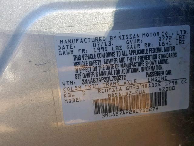 3N1AB7AP2DL750272 - 2013 NISSAN SENTRA S/S SILVER photo 10