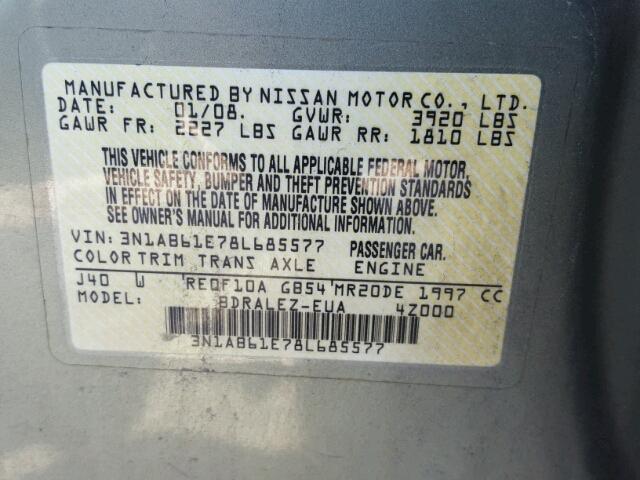 3N1AB61E78L685577 - 2008 NISSAN SENTRA 2.0 GREEN photo 10