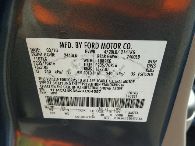 1FMCU4K35AKC64557 - 2010 FORD ESCAPE HYB BLUE photo 10