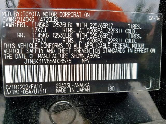 JTMBK31V866008576 - 2006 TOYOTA RAV4 LIMIT BLACK photo 10