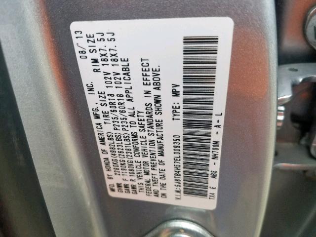 5J8TB4H57EL009350 - 2014 ACURA RDX TECHNO GRAY photo 10