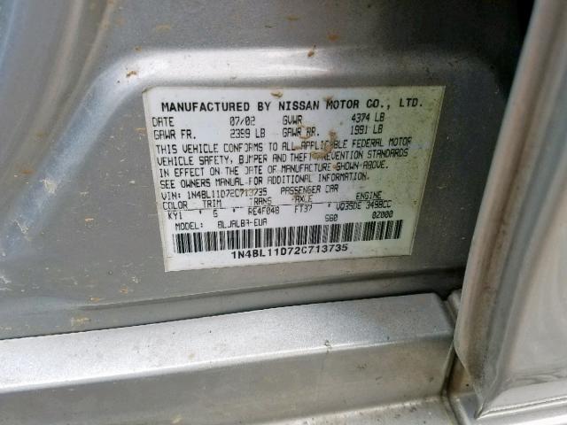 1N4BL11D72C713735 - 2002 NISSAN ALTIMA SE SILVER photo 10