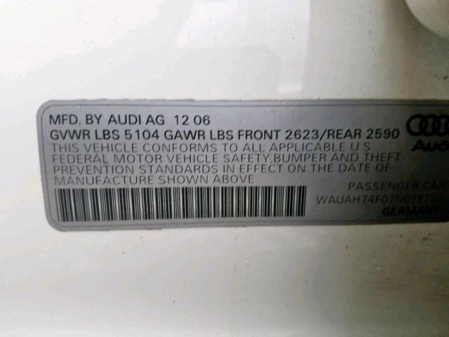 WAUAH74F07N099157 - 2007 AUDI A6 3.2 WHITE photo 10