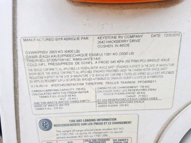 4YDT24525BT413104 - 2011 KEYSTONE PASSPORT WHITE photo 10