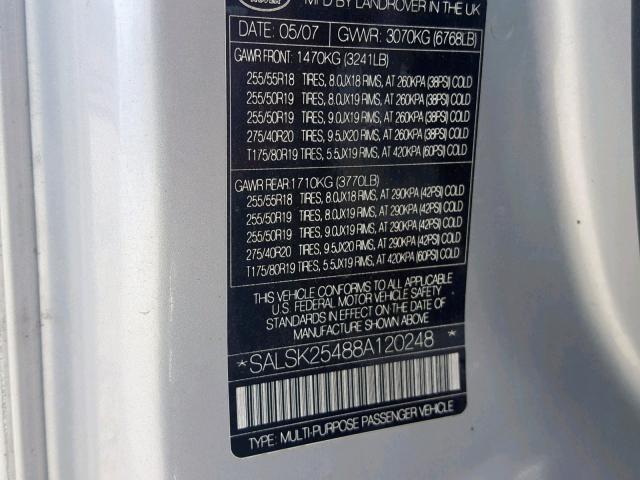 SALSK25488A120248 - 2008 LAND ROVER RANGE ROVE SILVER photo 10