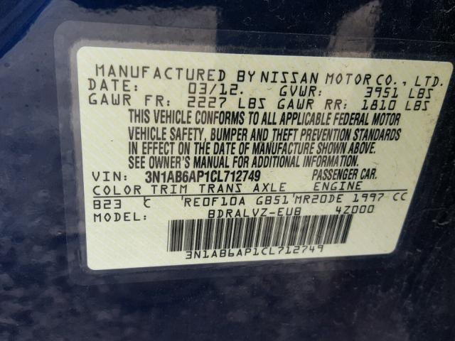 3N1AB6AP1CL712749 - 2012 NISSAN SENTRA 2.0 BLUE photo 10