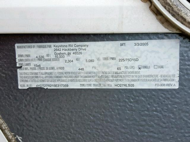 4YDT27R215E317359 - 2005 KEYSTONE HORNET WHITE photo 10