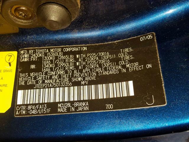 JTEEP21A750132356 - 2005 TOYOTA HIGHLANDER BLUE photo 10