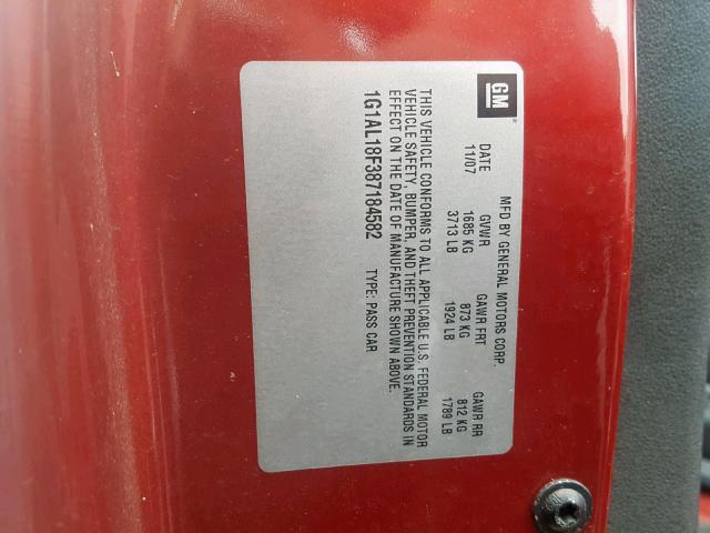 1G1AL18F387184582 - 2008 CHEVROLET COBALT LT RED photo 10