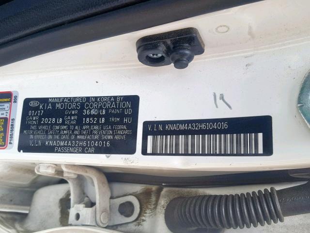 KNADM4A32H6104016 - 2017 KIA RIO LX WHITE photo 10