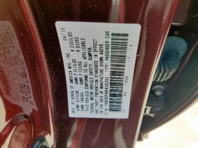 1HGCR2F8XFA163268 - 2015 HONDA ACCORD EXL BURGUNDY photo 10