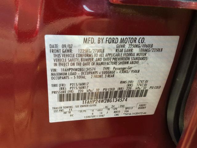 1FAHP24W28G134574 - 2008 FORD TAURUS SEL RED photo 10