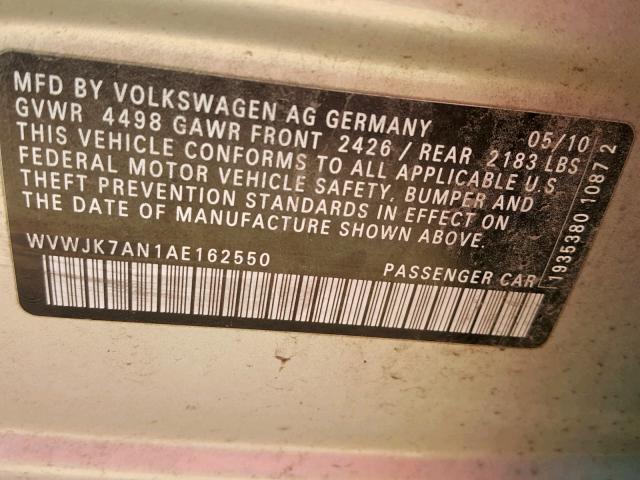 WVWJK7AN1AE162550 - 2010 VOLKSWAGEN PASSAT KOM SILVER photo 10