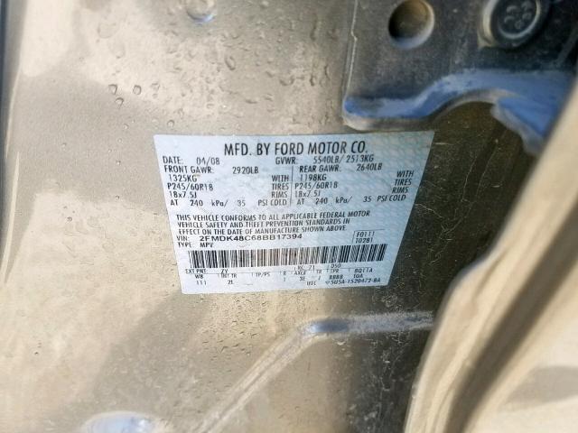 2FMDK48C68BB17394 - 2008 FORD EDGE SEL SILVER photo 10