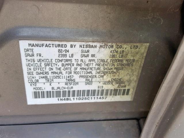 1N4BL11D25C111457 - 2005 NISSAN ALTIMA SE GOLD photo 10