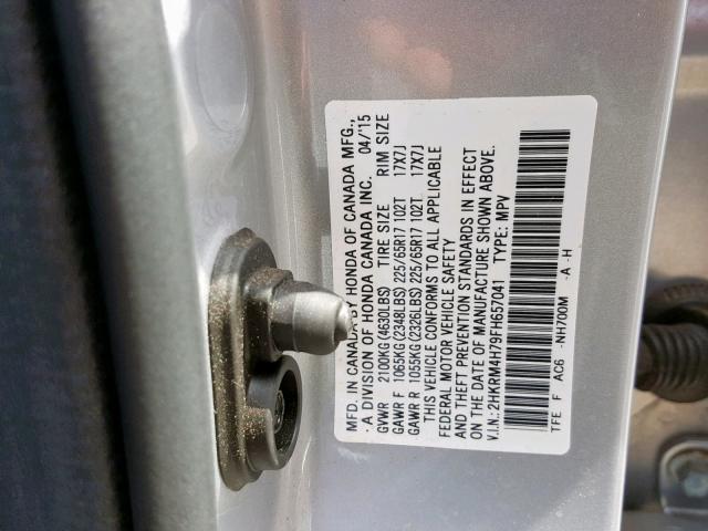 2HKRM4H79FH657041 - 2015 HONDA CR-V EXL SILVER photo 10