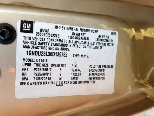 1GNDU23L36D139782 - 2006 CHEVROLET UPLANDER L TAN photo 10