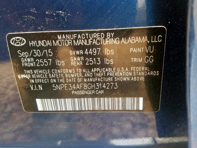 5NPE34AF8GH314273 - 2016 HYUNDAI SONATA SPO BLUE photo 10