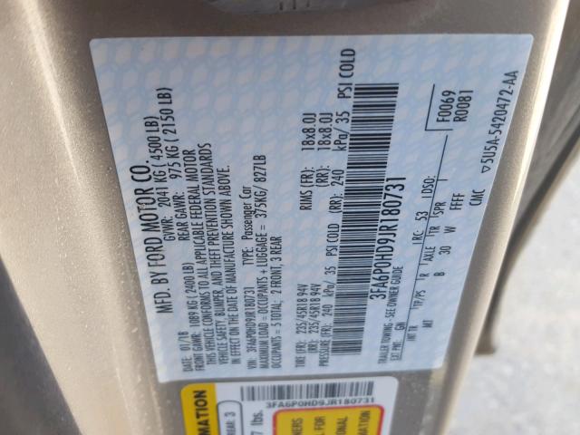 3FA6P0HD9JR180731 - 2018 FORD FUSION SE GOLD photo 10