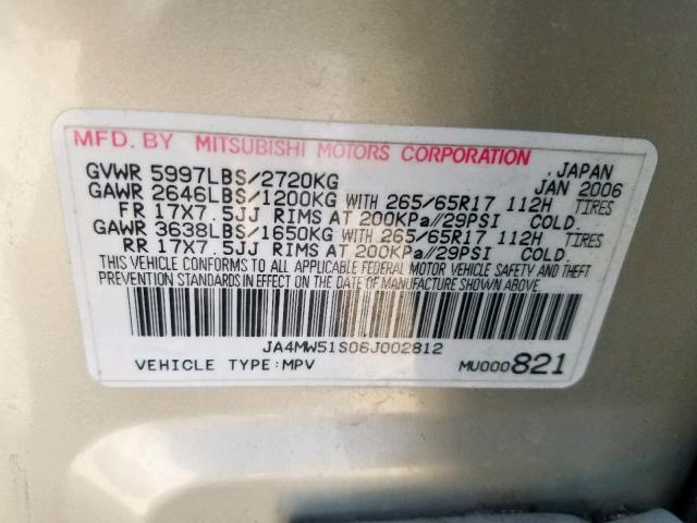 JA4MW51S06J002812 - 2006 MITSUBISHI MONTERO LI SILVER photo 10