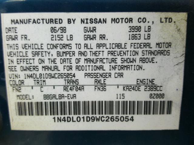 1N4DL01D9WC265054 - 1998 NISSAN ALTIMA XE TEAL photo 10